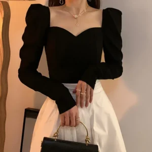 Retro French Long Sleeve Square Collar Slim Shirt - Black