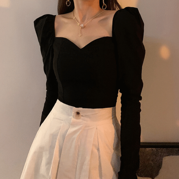 Retro French Long Sleeve Square Collar Slim Shirt - Black - Image 2