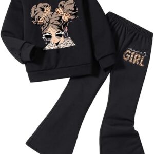 Girl 2 Piece Outfits – Cartoon Graphic Sweatshirt & Flare Leg Pants