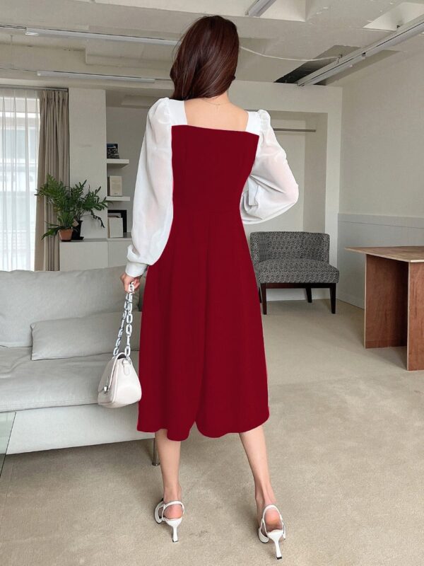 Two-Tone Square Neck Dress - Bishop Sleeve, Elegant Style - Image 2