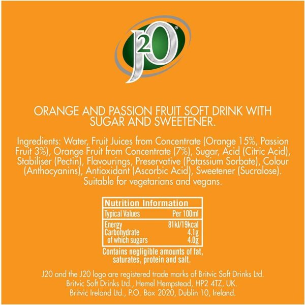 J2O Fruit Juice, Orange and Passion Fruit, 250ml Cans (Pack of 12) - Image 4