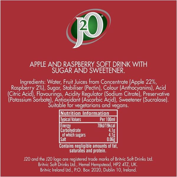 J2O Fruit Juice, Apple and Raspberry, 275ml Bottle (Pack of 10) - Image 3