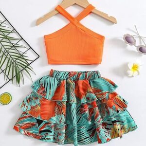 Girl’s Summer 2 Piece Outfit Print Layered Skirt Set