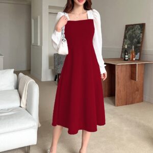 Two-Tone Square Neck Dress - Bishop Sleeve, Elegant Style