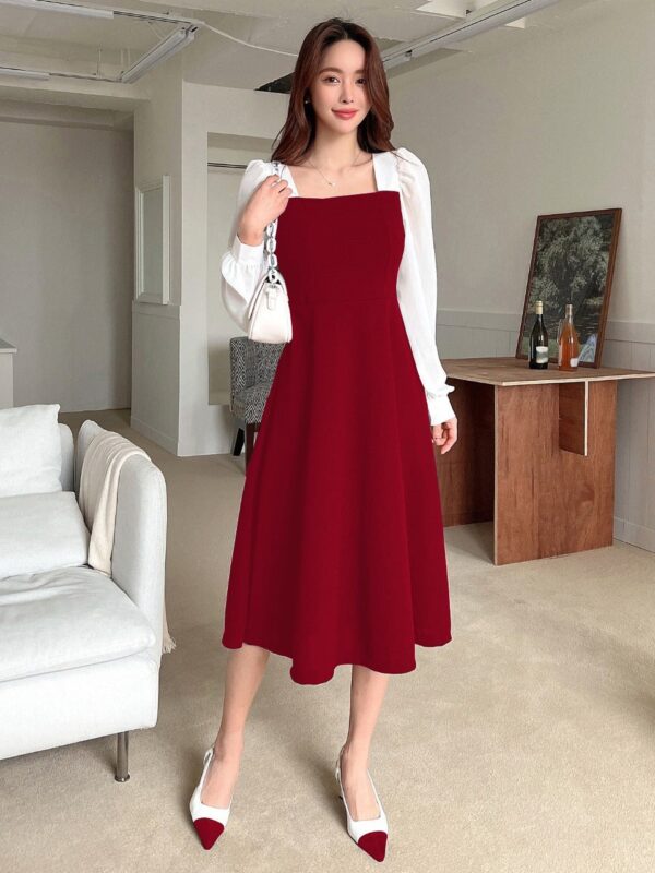 Two-Tone Square Neck Dress - Bishop Sleeve, Elegant Style