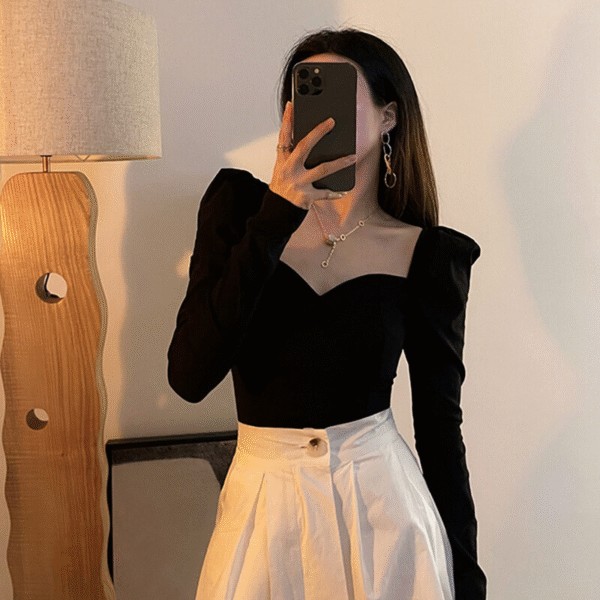 Retro French Long Sleeve Square Collar Slim Shirt - Black - Image 3