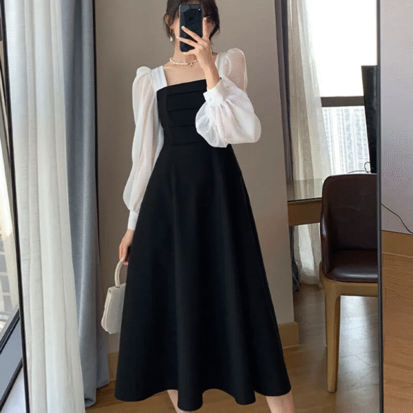Color Block Dress Women's Summer Fashion Square Neck Celebrity Style Outfit - Image 3
