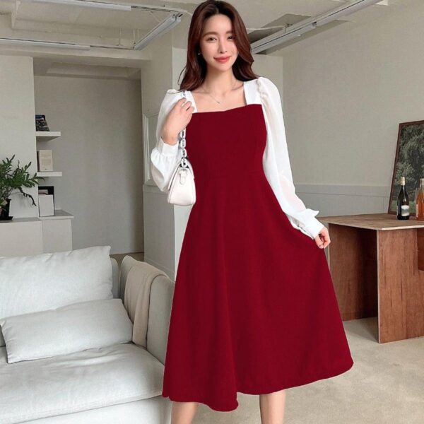 Two-Tone Square Neck Dress - Bishop Sleeve, Elegant Style - Image 3