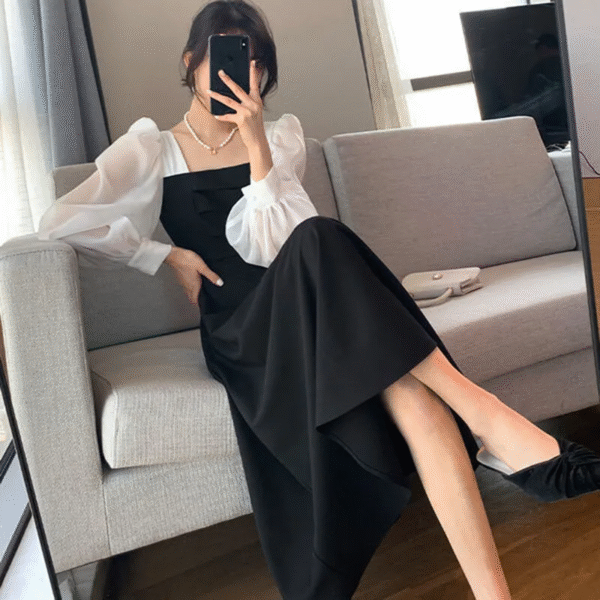 Color Block Dress Women's Summer Fashion Square Neck Celebrity Style Outfit - Image 2